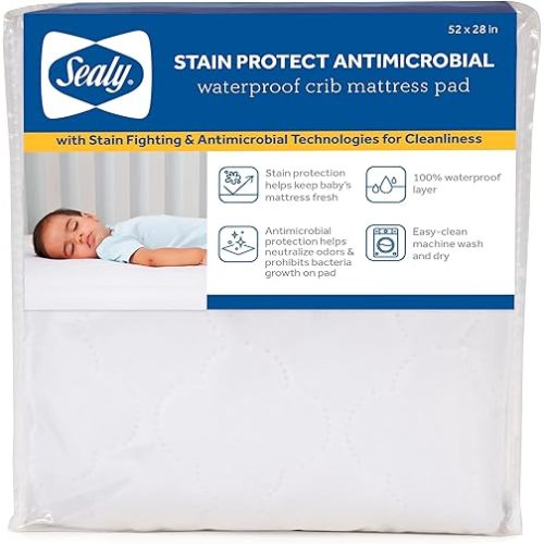 Sealy Baby Stain Protect Antimicrobial Fitted Waterproof Baby Crib Mattress Protector, Crib Mattress Topper, Crib Mattress Pad, Toddler Bed Mattress Protector, Machine Wash/Dryer Friendly 52x28” White