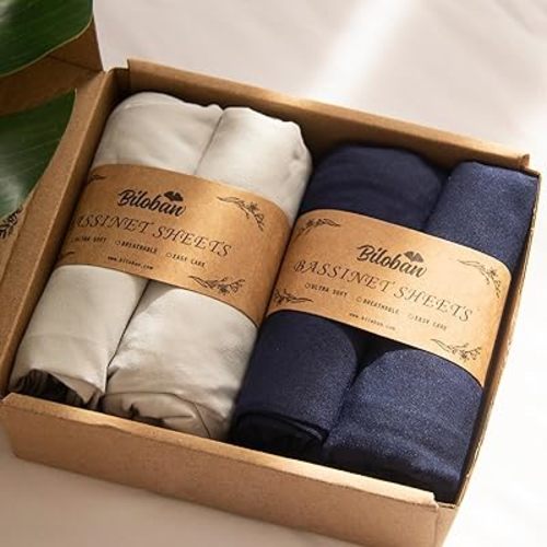 Baby Bassinet Sheets 4 Pack Compatible with 33" x 20" Mika Micky, Baby Delight, Dream On Me and Other Rectangle Bassinet Mattress, Ultra Soft & Skin Friendly, Washer & Dryer, Grey and Navy Blue