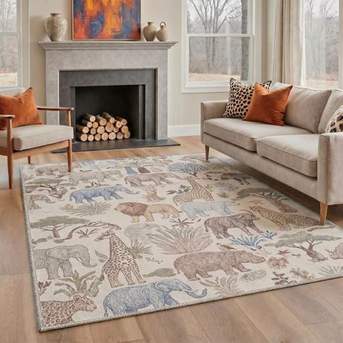 5X7 Area Rug for Bedroom, Washable Safari Animals Non Slip
