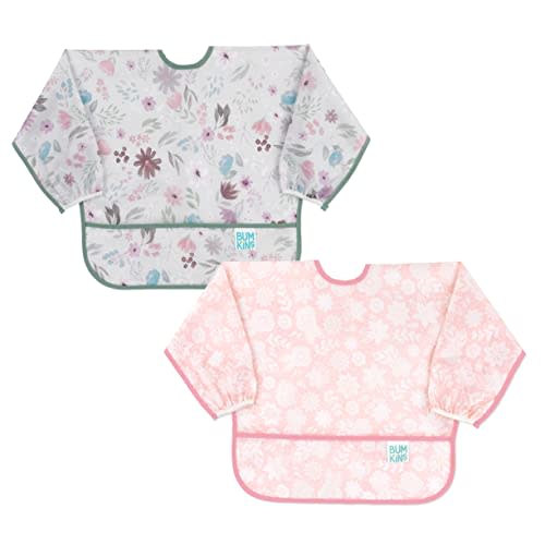 Bumkins Sleeved Bib for Girl or Boy, Baby and Toddler for 6-24 Mos, Essential Must Have for Eating, Feeding, Baby Led Weaning Supplies, Long Sleeve Mess Saving Food Catcher, 2-pk Floral and Lace