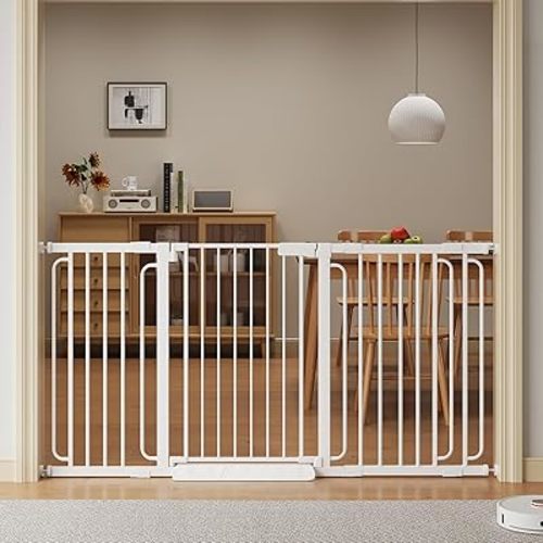 Extra Wide Baby Gate with Door 53.4-61.3 Inch Pressure Mounted, Auto Close Child Baby Gates for Doorways No Drill, Walk Through Dog Gate Indoor for The House, White