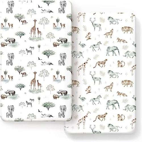 Stretch Ultra Soft Jersey Knit Fitted Crib Sheets Set 2 Pack,Fit All Standard Crib Mattress Pads Safe and Snug, Crib Fitted Sheet for Baby, Stylish African Savannah Animals Pattern