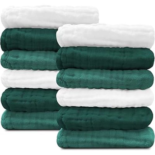Sunny zzzZZ Baby Muslin Washcloths -100% Cotton Muslin Soft Baby Bath Wash Cloths and Absorbent Burp Cloths for Newborns Kids Girls and Boys -12 Pack, 12x12 Inches - White+Deep Emerald Series