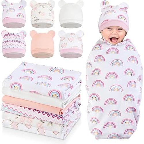 Ramede 6 Sets 100% Cotton Baby Swaddle Blankets Swaddling Wrap with Hats Nursery Receiving Blanket for 0-3 Mouths Unisex Baby Soft Silky & Breathable 31.5x 31.5in(Rainbow,Cute Color)