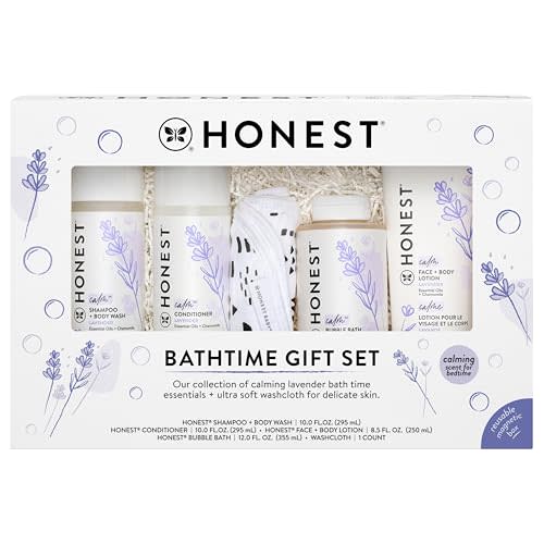 The Honest Company Calming Lavender Bathtime Gift Set | Hypoallergenic Bath Essentials for Sensitive Skin | Shampoo + Body Wash, Face + Body Lotion, Bubble Bath, Conditioner, Wash Cloth