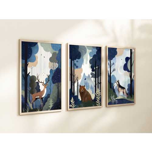 Woodland Nursery Prints: Blue & Green Forest Animals - Set of 3