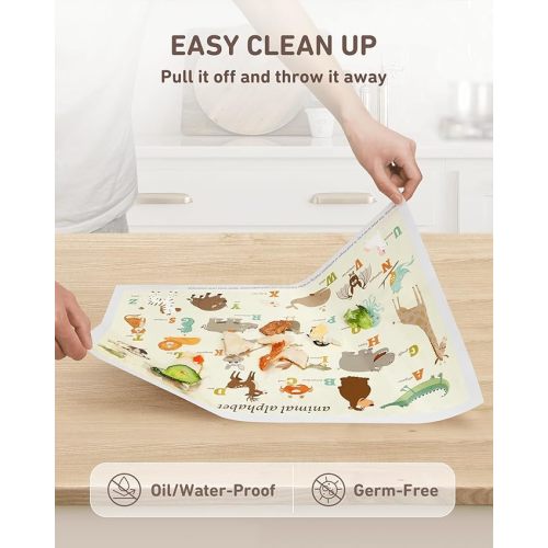 Disposable Stick-on Placemats 40 Pack for Baby & Kids, Restaurant Table Mats 12" x 18" Sticky Place Mats, Toddler Baby Placemat, Animal Alphabet Theme - 12x18 Inch (Pack of 40)