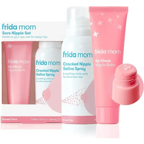 Frida Mom Nipple Cream and Saline Spray Set, Breastfeeding Essentials for New Moms, Cracked Nipple Saline Spray and No-Mess Cream, 2pc Set