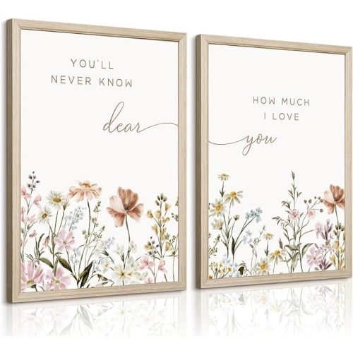 Girl Nursery Floral Wall Art Decor Boho Wildflower Canvas Wall Decor Baby Girl Room Flower Poster Vintage Nursery Botanical Art Prints Pink Coastal Pictures for Toddler Bedroom 12x16x2 Inch Framed