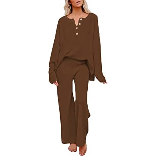 Pink Queen Women's 2 Piece Fall Outfit Lounge Set Long Sleeve Button Pullover Sweater Matching Wide Leg Pants Knit Sweatsuit