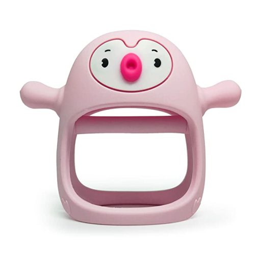 Smily Mia Penguin Buddy Never Drop Silicone Baby Teething Toy for 0-6month Infants, Baby Chew Toys for Sucking Needs, Hand Pacifier for Breast Feeding Babies, Car Seat Toy for New Born,Old Roze