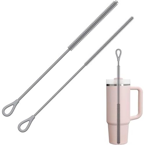 YOTIME Silicone Straw Cleaner Brush, 2Pcs Reusable Straw Brush Extra Long for Cleaning Tumbler with Handle and Glass Metal Smoothie Straws, Non-slip Handle Soft and Bendable, 6mm+9mm, Gray