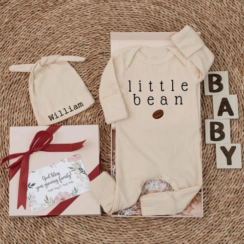 Little Bean Baby bodysuit and hat set, Personalised Coffee Bodysuit with Name, New baby, Unisex Baby gift, Going home outfit, Baby keepsake