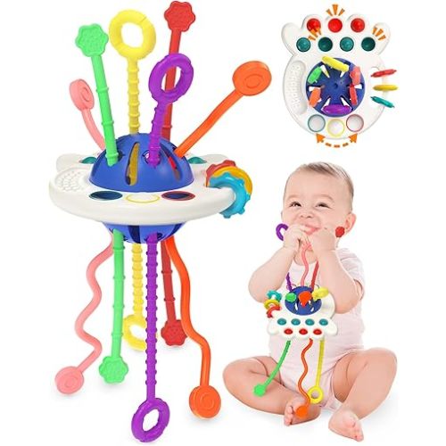 Yetonamr Baby Sensory Montessori Toys for 6-12-18 Months, Blue Pull String Teething Toy, Stocking Stuffers Birthday Gift Travel Toy for 1 2 Year Old Boy Girl Infant Toddlers 8 9 10 Months Old