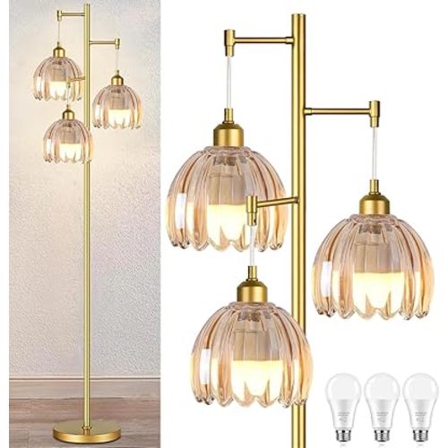 Gold Floor Lamp for Living Room,Bedroom,Tree 3 Light Standing Lamp Mid Century Modern Brass Tall Floor Lamps Vintage Retro Floor Lights Glass Green Flower Lamp Shade Farmhouse Boho Bohemian