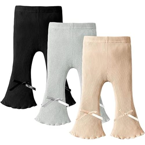 DREAM BUS 3 Pack Baby Girl Pants Toddler Leggings Solid Ribbed Cotton Baby Girls Flare Pants Toddler Bell Bottoms