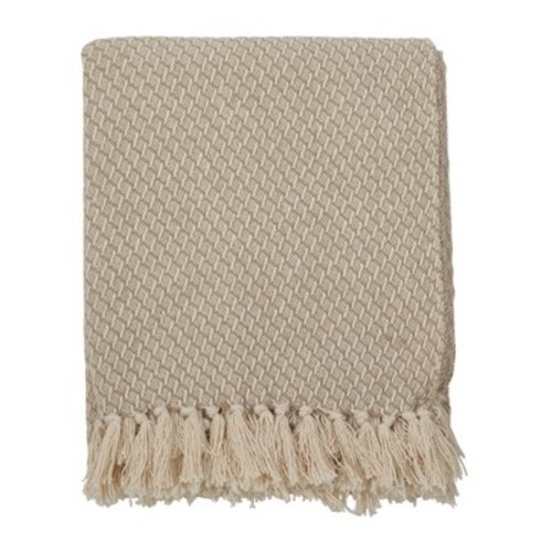 50"x60" Classic Tassel Trim Throw Blanket Beige - Saro Lifestyle: Cotton, Mid-Century Modern, Machine Washable