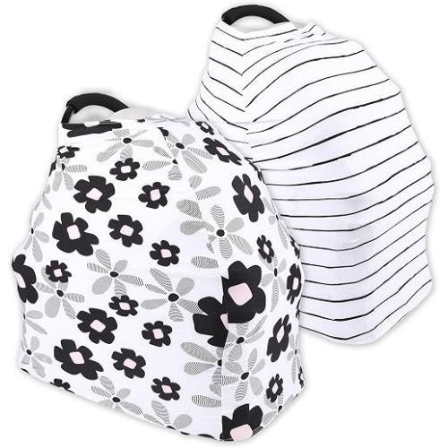 2 Pack Baby Car Seat Cover, 4-Way Stretch Fabric - Universal Fit for Infant Car Seats & Strollers, with Matching Storage Bags, Breathable Sun/Wind Shield for Baby Boys & Girls