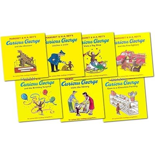 Curious George The Monkey Collection 7 Book Set Pack Series (Dinosaur, Fire-fighters, Visits the Library, Birthday Surprise, Visits a Toy Shop, Catches a Train, Goes to a Chocolate Factory) (Curious George)