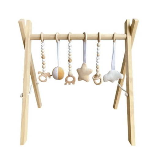 Chirren Wooden Baby Gym Toy, Baby Play Mat with Hanging Toys, Natural Pinewood Foldable Baby Gym, Wooden Beads for Toddlers, Activity Gym for Boys and Girls