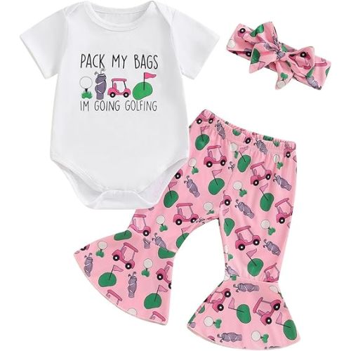 Newborn Baby Girl Golf Outfit Letters Short Sleeve Romper Golf Cart Bell Bottoms 3Pcs Set Infant Summer Clothes