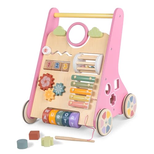 Baby Walker with Wheels, Wooden Push Walker Toys for Babies 6-12 Months, Baby Girl Walking Activity Toys for 1 Year Old