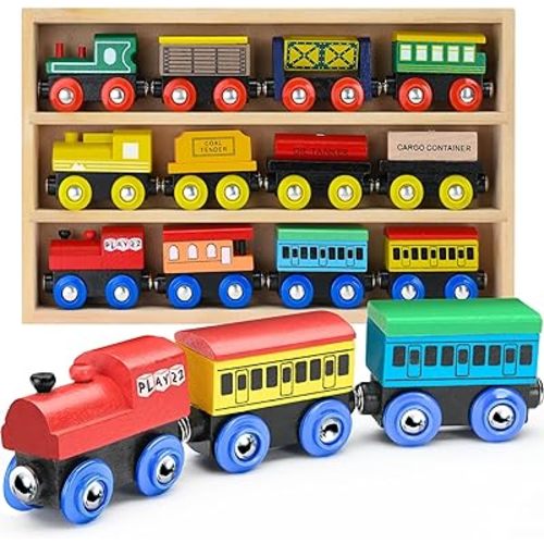 Wooden Train Set 12 PCS - Train Toys Magnetic Set Includes 3 Engines - Toy Train Sets For Kids Toddler Boys And Girls - Compatible With All Major Brands - Original - By Play22
