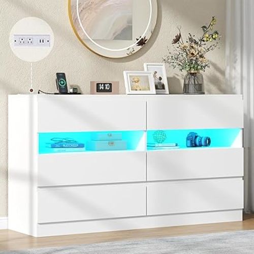 Loomie 6 Drawer Dresser with Power Outlet, Modern Chest of Drawers with LED Light, Double Wide Drawer Dresser Organizer Cabinet for Bedroom, Living Room, Entryway (White)