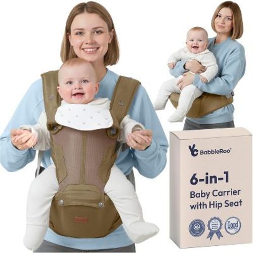 BabbleRoo Baby Carrier for Newborn to Toddler with Hip Seat and Lumbar Support, Ergonomic & Adjustable with Sunshade 6 in 1, Warm Taupe