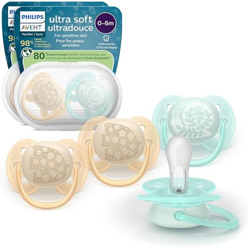 Philips Avent Ultra Soft Pacifiers - Orthodontic Design, for Babies 0-6 Months, Flexible Shield, Silicone Symmetrical Nipple, BPA-free, 2 Sterilizing Cases, 4 Pack, SCF091/49