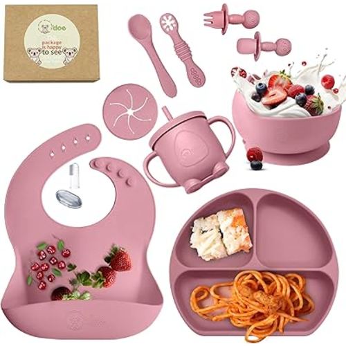 o'doe 11-Piece BPA-Free Silicone Baby Feeding Set | Thick & Soft Suction Plates, Baby Bowls, Wooden Fork & Spoon, and More | Make Mealtime Fun and Easy for Your Little One (Rose, V1)