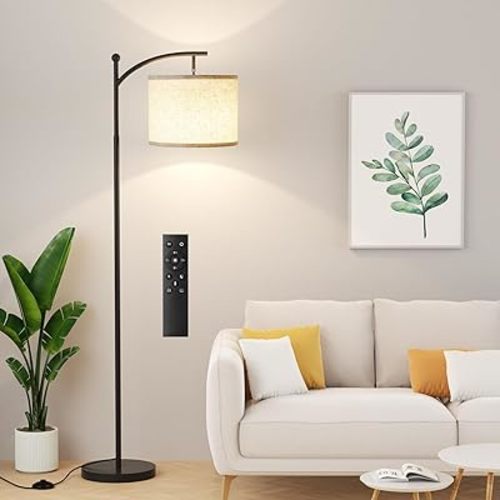 Ambimall 60" Floor Lamp with Remote Control and Stepless Dimmable Bulb, Colors Temperature & Brightness Adjustable, Modern Floor Lamps for Living Room(Beige Shade & Black Pole)