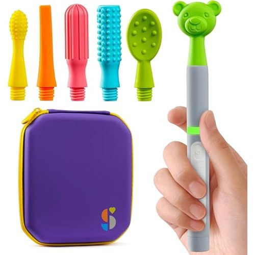 Special Supplies Buzz Buddy Oral Motor Stimulation kit with 6 Soft Textured Interchangeable Heads, Calm Sensory Needs, Support Speech, and Stimulate Self Feeding, Gentle Vibrations (Grey)