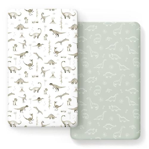 GRSSDER Stretch Ultra Soft Jersey Knit Fitted Crib Sheets Set 2 Pack,Fit All Standard Crib Mattress Pads Safe and Snug, Crib Fitted Sheet for Baby, Dinosaur