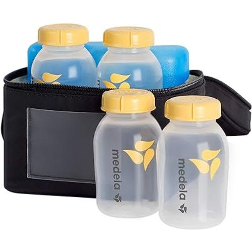 Medela Breast Milk Storage Cooler Bag with Contoured Ice Pack, 4 Bottles and Lids, Convenient Breastmilk Transport