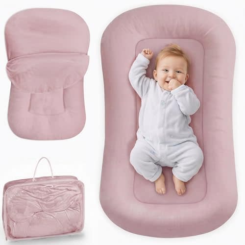 Infant Support Cushion - Baby Lounger for Newborn, 0-24 Months, Breathable Cotton Fabric Infant Support Cushion, Portable Newborn Essentials for Home and Travel, Dustypink (Cover Included)