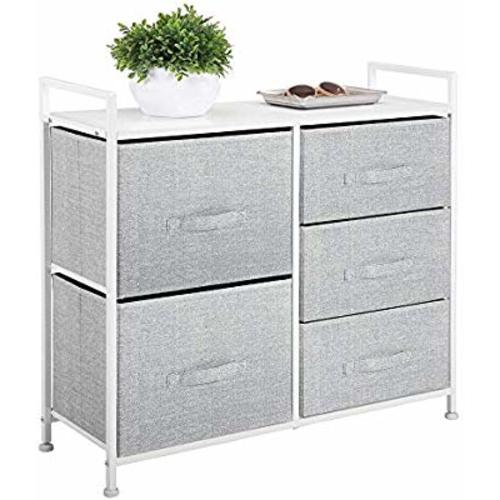 mDesign Wide Dresser Storage Tower - Sturdy Steel Frame, Wood Top, Easy Pull Fabric Bins - Organizer Unit for Bedroom, Hallway, Entryway, Closets - Textured Print, 5 Drawers - Gray/White