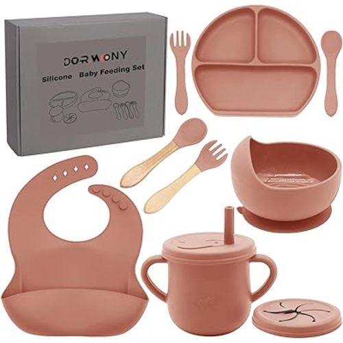 100% Silicone Baby Feeding Set,BPA Free Baby Dishes Set with Suction Bowl Divided Plate,Toddler Self Feeding Dish Set with Spoons Forks Sippy Cup and Bib, Baby Eating Utensils(Carrot)