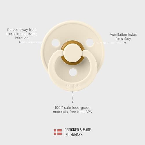 BIBS Colour Soother 4-Pack | BPA Free Dummy Pacifier | Round Nipple | Natural Rubber Latex | Made in Denmark | Size 0-6 Months | Ivory