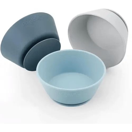 PandaEar 3 Pack Baby Bowls with Suction| Silicone Bowls First Stage Feeding for Baby Infant Kids| Food Grade Soft Safe BPA-Free Suction Bowls for Toddlers -Blue/Gray