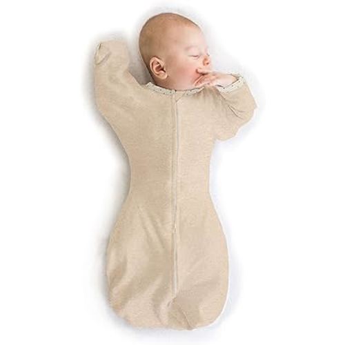SwaddleDesigns Transitional Swaddle Sack with Arms Up Half-Length Sleeves and Mitten Cuffs, Small, 0-3 Months, 6-14 lbs, Heathered Oatmeal (Arms Up Swaddle, Transition Swaddle Sleep Sack)