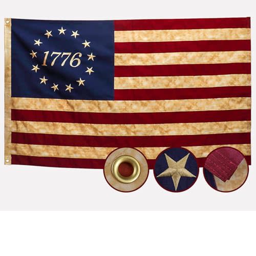 Betsy Ross 1776 Tea-Stained Vintage Style Flag 3x5 Ft Deluxe Water Resistant Series Historical Flags Made From Heavy Duty Super Tough Spun Polyester/Embroidered Design/Sewn Stripes/Brass Grommets,US Flags Perfect for Outside