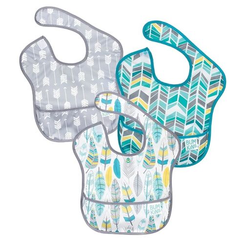 Bumkins Bibs for Girl or Boy, SuperBib Baby and Toddler for 6-24 Months, Essential Must Have for Eating, Feeding, Baby Led Weaning Supplies, Mess Saving Catch Food, 3-pk Feathers, Arrows and Quill