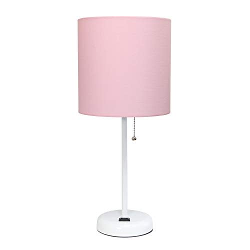 Simple Designs LT2024-POW White Stick Table Desk Lamp with Charging Outlet and Drum Fabric Shade, Light Pink