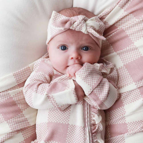 Big Check Waffle Bamboo Knit Large Bow Headwrap | Rosy