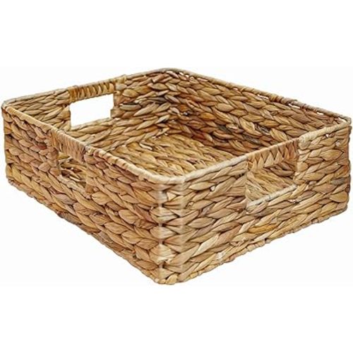 Rectangular Water Hyacinth Storage Baskets, Wicker Storage Baskets for Shelves, Square Shallow Basket, Woven Drawer Basket With Handle, 15.2” L x 12” W x 4.7” H