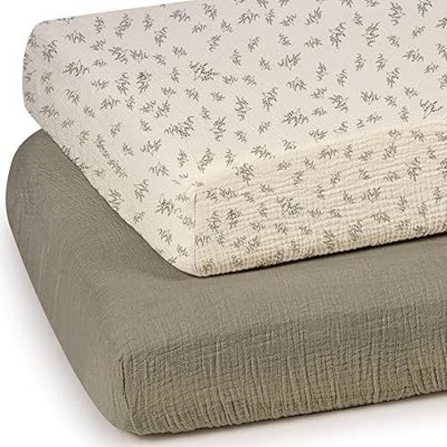 lulumoon Baby Muslin Crib Sheets - Toddler Cotton Fitted Crib Sheets Neutral for Boys and Girls 2Pack, Olive & Leaf
