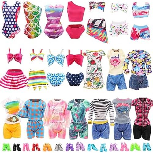 BARWA 10 Sets Doll Clothes Including 5 Bikini Swimsuits 5 Outfit Tops and Pants with 10 Shoes for 11.5 inch Dolls