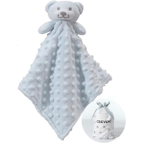 CREVENT Cozy Plush Baby Security Blanket Loveys for Baby Boys, Minky Dot Front + Sherpa Backing with Animal Face (Blue Bear)