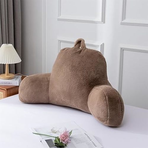 A Nice Night Faux Fur Reading Pillow Bed Wedge Large Adult Children Backrest with Arms Back Support for Sitting Up in Bed/Couch for Bedrest,Khaki